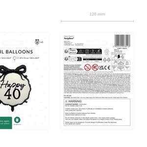 May include: A black and white foil balloon with the text "Happy 40". The balloon is shaped like a bow tie and is 22.4 x 26.4 inches. The packaging also includes a smaller balloon, 18.5 x 20.9 inches.