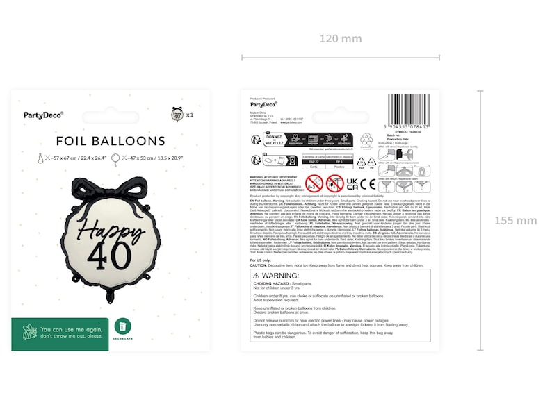 May include: A black and white foil balloon with the text "Happy 40". The balloon is shaped like a bow tie and is 22.4 x 26.4 inches. The packaging also includes a smaller balloon, 18.5 x 20.9 inches.