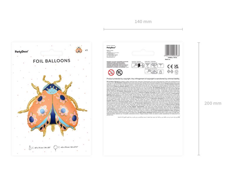 May include: A package of two orange and blue foil ladybug balloons. The balloons are 47 cm x 38 cm x 27 cm. The package says "Foil Balloons" and "PartyDeco".