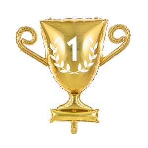 Gold foil balloon shaped like a trophy cup with the number 1 and white laurel design, perfect for award ceremonies, sports parties, or champion-themed birthday celebrations.