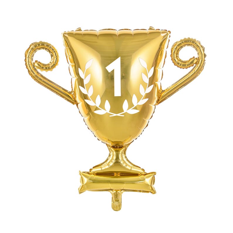 Gold foil balloon shaped like a trophy cup with the number 1 and white laurel design, perfect for award ceremonies, sports parties, or champion-themed birthday celebrations.