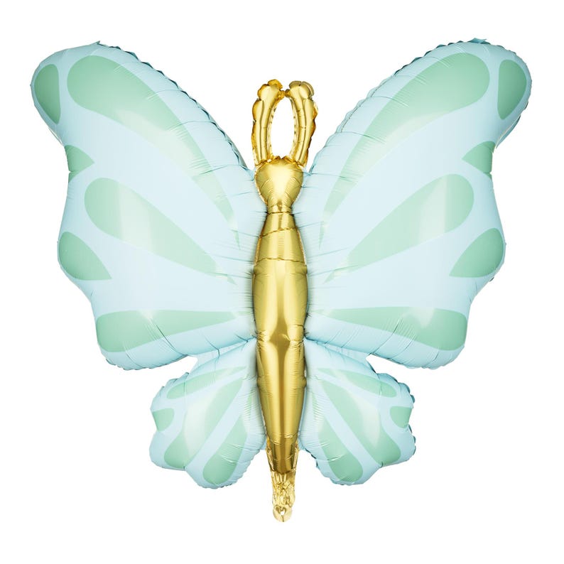 Large pastel butterfly foil balloon with mint green and gold design, perfect for spring party, garden birthday, baby shower or butterfly themed decorations