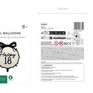 May include: Black and white foil balloon with the text "Happy 18" in a circle. The balloon is 18.5 inches in diameter.