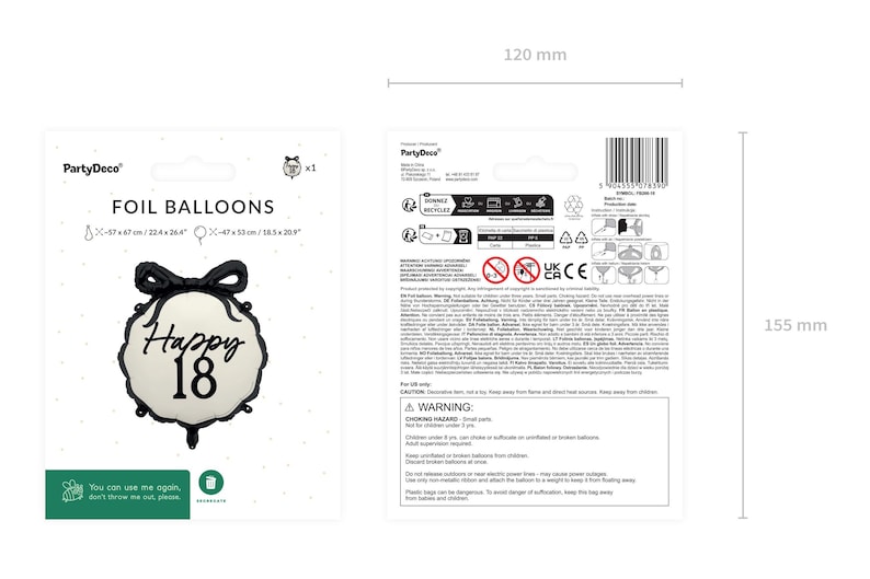 May include: Black and white foil balloon with the text "Happy 18" in a circle. The balloon is 18.5 inches in diameter.