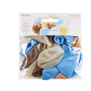 K&ouml;nnte beinhalten: Eine Packung mit 10 Ballons in den Farben Blau, Braun und Beige. Die Verpackung tr&auml;gt den Schriftzug "BALLOONS just have fun!" und "INCLUDES: 10 balloons".