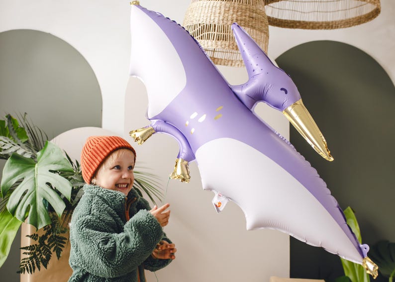 May include: A child wearing an orange beanie and a green jacket smiles while holding a purple and white inflatable pterodactyl balloon.