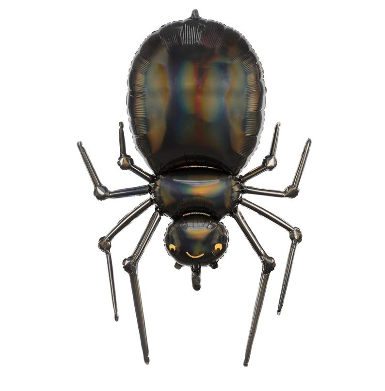 Large black spider foil balloon for Halloween party decorations, creepy spider helium balloon with realistic design, spooky insect-themed decor for haunted house or trick-or-treat events