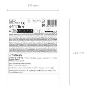 May include: A warning label for balloons with safety instructions in multiple languages. The label is white with black text and a red triangle with a warning symbol. The label is 5.5 inches by 8.6 inches.