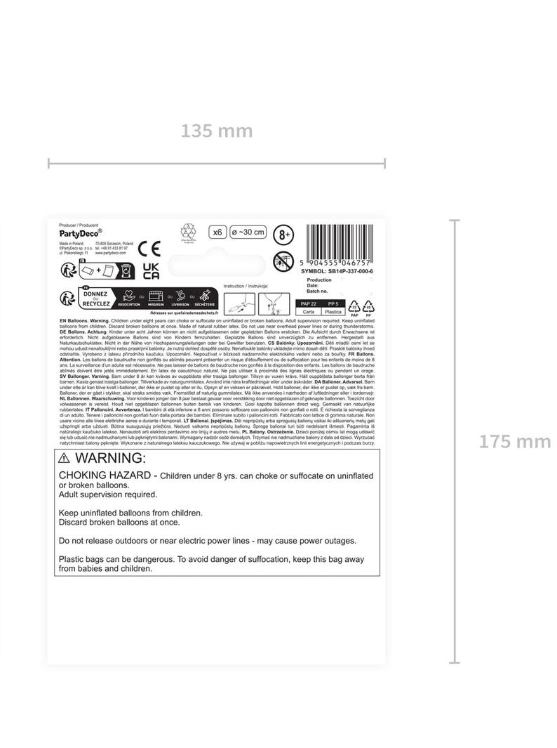 May include: A warning label for balloons with safety instructions in multiple languages. The label is white with black text and a red triangle with a warning symbol. The label is 5.5 inches by 8.6 inches.