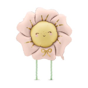 May include: A pink flower balloon with a yellow sun face and a gold bow. The balloon has two green stems.