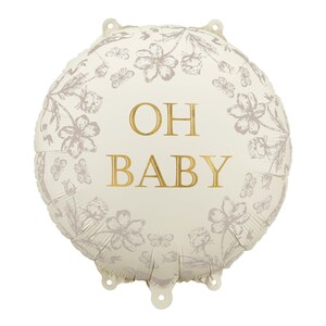 Round foil balloon with gold ‘Oh Baby’ text and floral design – elegant baby shower decoration for neutral or boho theme