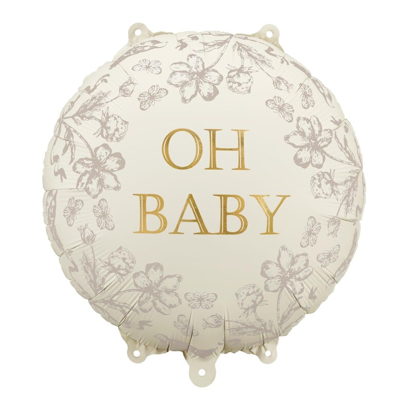 Round foil balloon with gold ‘Oh Baby’ text and floral design – elegant baby shower decoration for neutral or boho theme