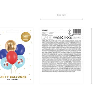 K&ouml;nnte beinhalten: Eine Packung mit 4 Partyballons in den Farben Rot, Gold und Blau. Die Ballons haben ein Flugzeug-Design und der Text "Party Balloons Just Have Fun!" ist auf der Verpackung aufgedruckt.