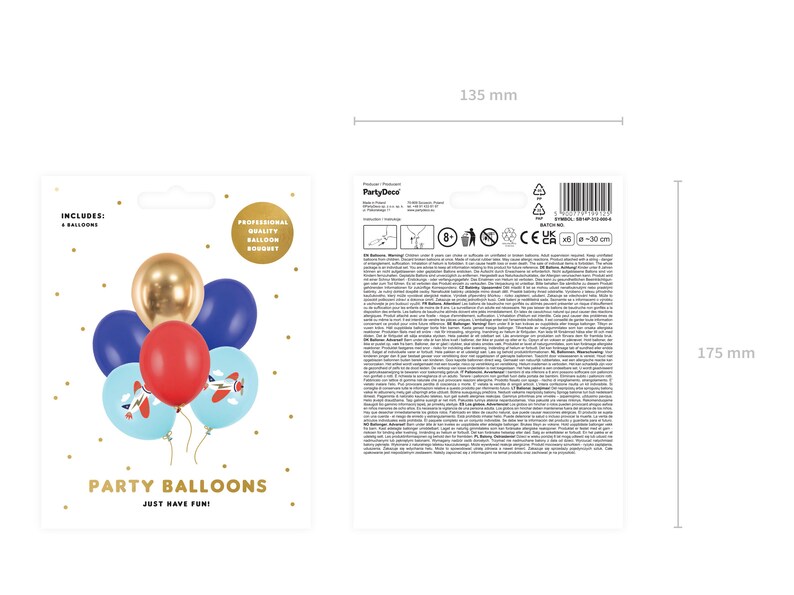 K&ouml;nnte beinhalten: Eine Packung mit 4 Partyballons in den Farben Rot, Gold und Blau. Die Ballons haben ein Flugzeug-Design und der Text "Party Balloons Just Have Fun!" ist auf der Verpackung aufgedruckt.