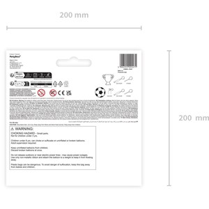 May include: A white product package with a warning label and a soccer ball graphic. The package is 200 mm wide and 200 mm tall. It includes a warning about choking hazards and small parts, not for children under 3 years.