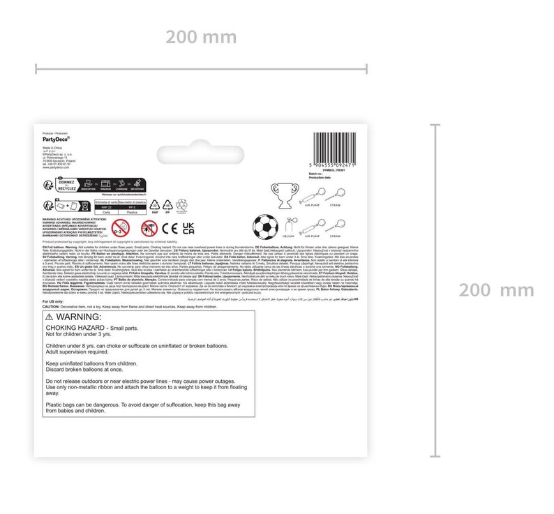 May include: A white product package with a warning label and a soccer ball graphic. The package is 200 mm wide and 200 mm tall. It includes a warning about choking hazards and small parts, not for children under 3 years.