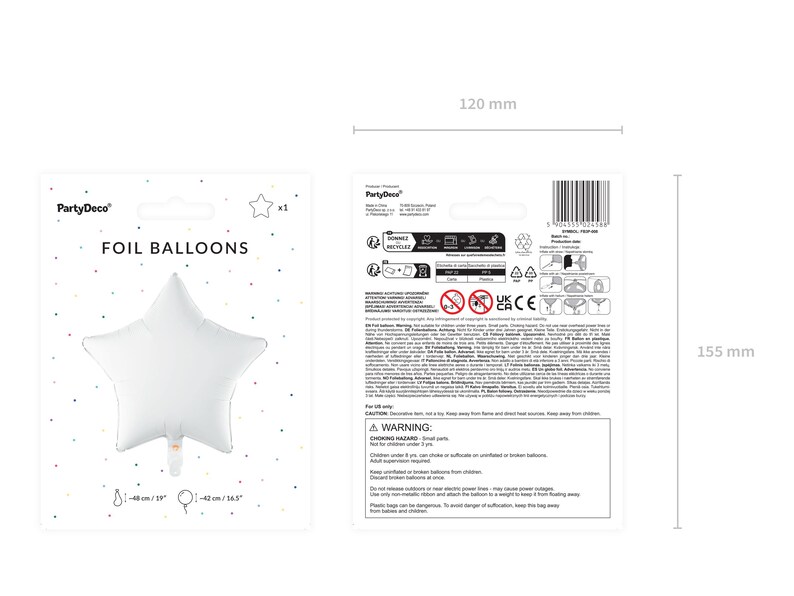 Op de afbeelding: Een witte folie sterballon met een zilveren omtrek. De ballon heeft een diameter van 48 cm of 19 inch. De verpakking bevat instructies en veiligheidswaarschuwingen.  PartyDeco Folie Ballonnen.