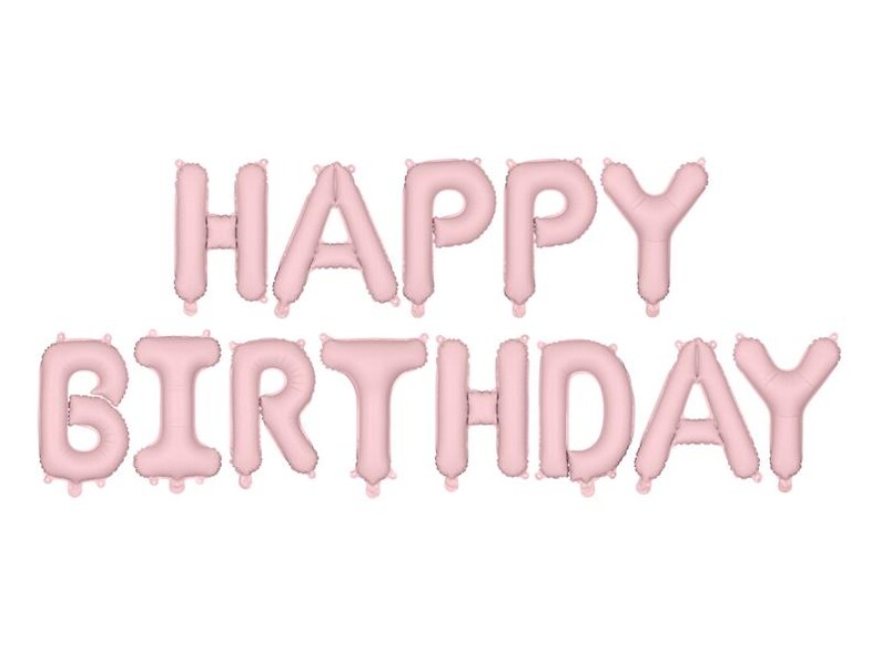 May include: Happy Birthday banner made of pink foil balloons. The balloons are inflated and spell out "Happy Birthday".