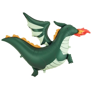 Pode incluir: Um balão em forma de dragão verde escuro com detalhes brancos nas asas e na barriga. O dragão tem espinhos laranja e está exalando uma chama vermelha e amarela. Esta decoração inflável é perfeita para uma festa de aniversário ou evento temático.