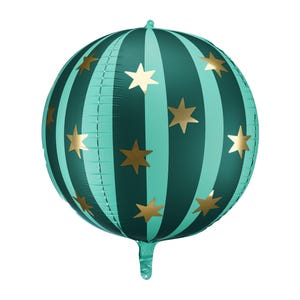 Green and teal striped foil balloon with gold stars – round helium balloon for circus, carnival, or retro-themed party decoration