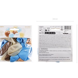 K&ouml;nnte beinhalten: Eine Packung mit 12 Ballons in den Farben Blau, Braun und Beige. Die Packung enth&auml;lt den Text "BALLOONS just have fun!" und "INCLUDES 12 BALLOONS".