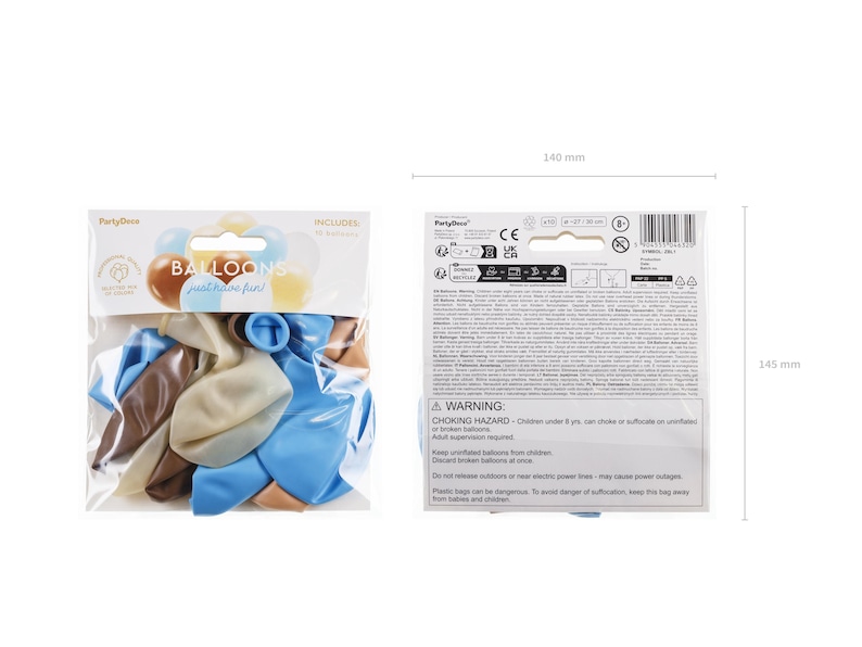K&ouml;nnte beinhalten: Eine Packung mit 12 Ballons in den Farben Blau, Braun und Beige. Die Packung enth&auml;lt den Text "BALLOONS just have fun!" und "INCLUDES 12 BALLOONS".
