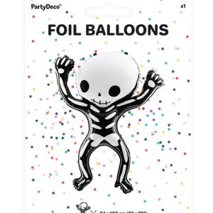 Puede incluir: Un globo de esqueleto de l&aacute;mina negro y blanco. El globo mide 84 cm por 100 cm.