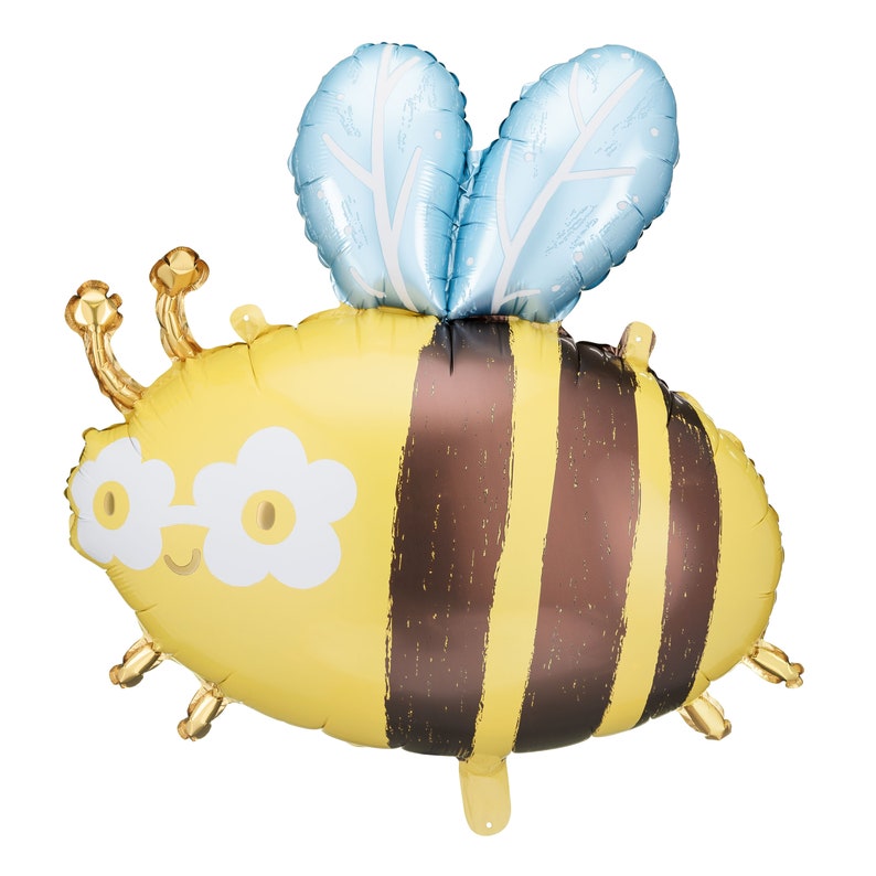 Large foil bee balloon with brown and yellow stripes, white flower-shaped eyes, and shiny blue wings – ideal for baby shower, kids' birthday, or garden-themed party decorations.