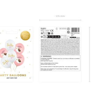 May include: A package of 4 pink and white balloons with gold lettering that says "Baby Girl". The balloons are decorated with a small brown bear illustration. The package includes instructions and a warning label.