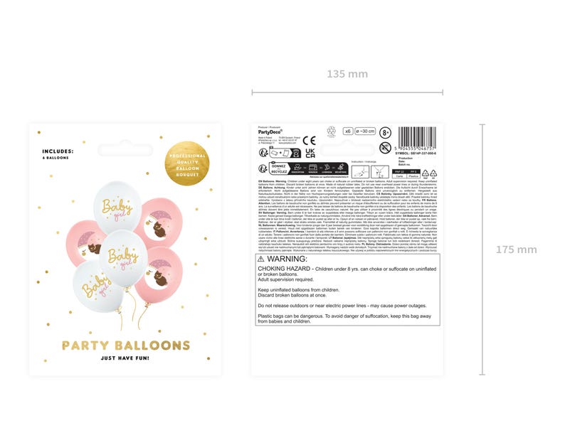 May include: A package of 4 pink and white balloons with gold lettering that says "Baby Girl". The balloons are decorated with a small brown bear illustration. The package includes instructions and a warning label.
