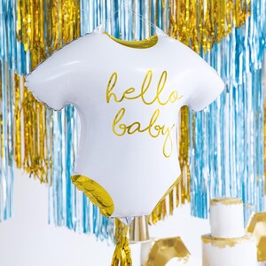 White Hello Baby romper foil balloon with metallic gold lettering, baby shower and new baby party decoration