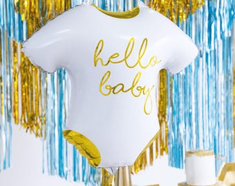May include: White balloon shaped like a onesie with gold lettering that says "hello baby".