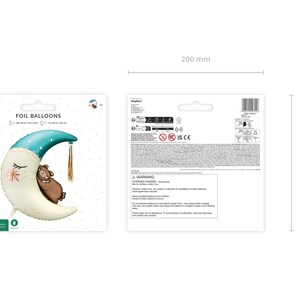 May include: A light blue and white foil balloon shaped like a crescent moon with a brown bear sleeping on it. The balloon is 200 mm in diameter.  The balloon is part of a set of foil balloons.