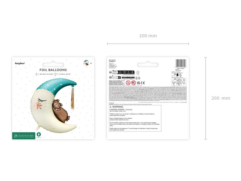 May include: A light blue and white foil balloon shaped like a crescent moon with a brown bear sleeping on it. The balloon is 200 mm in diameter.  The balloon is part of a set of foil balloons.