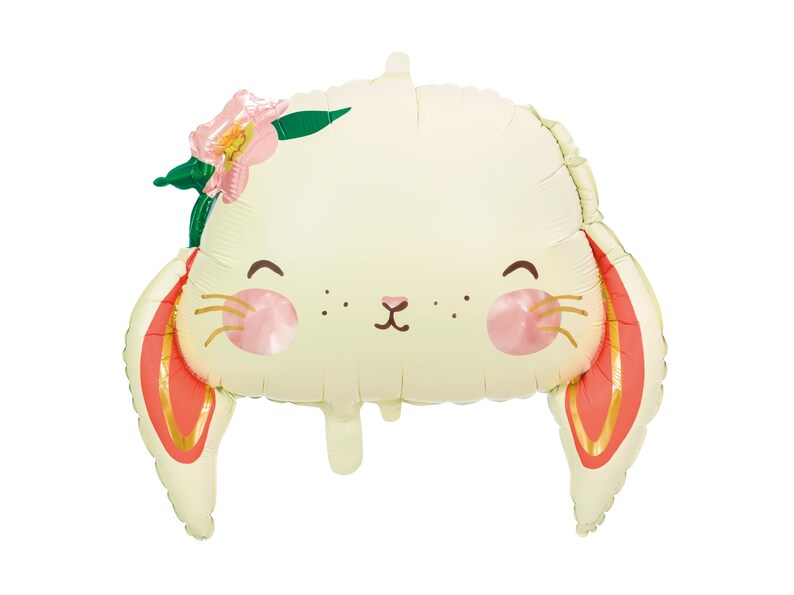 May include: A white balloon shaped like a bunny with pink cheeks, a small brown nose, and a green flower on its head. The bunny's ears are red with gold trim.