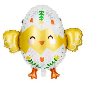 Cute chick foil balloon – egg-shaped helium balloon with smiling face, floral accents, and gold wings – fun spring or party decoration for kids