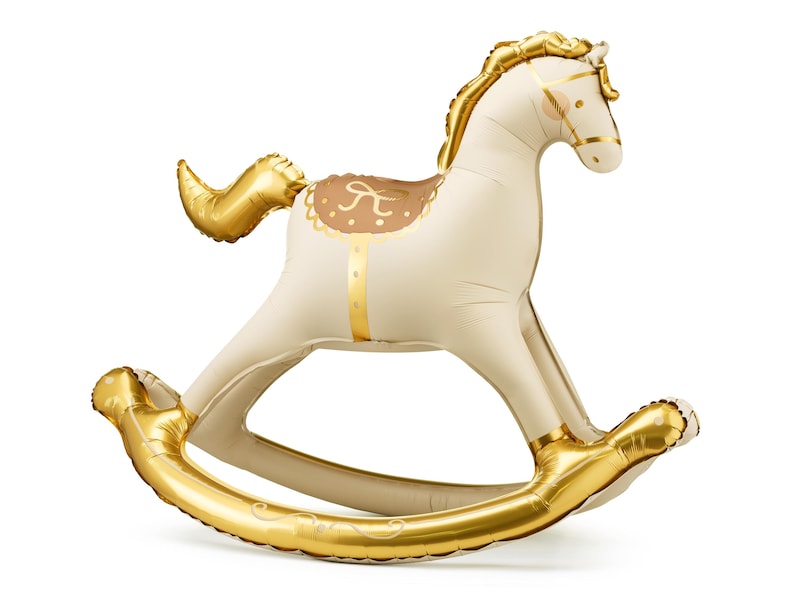 Gold and cream rocking horse balloon for baby shower, first birthday, or nursery party decor – inflatable foil balloon centerpiece
