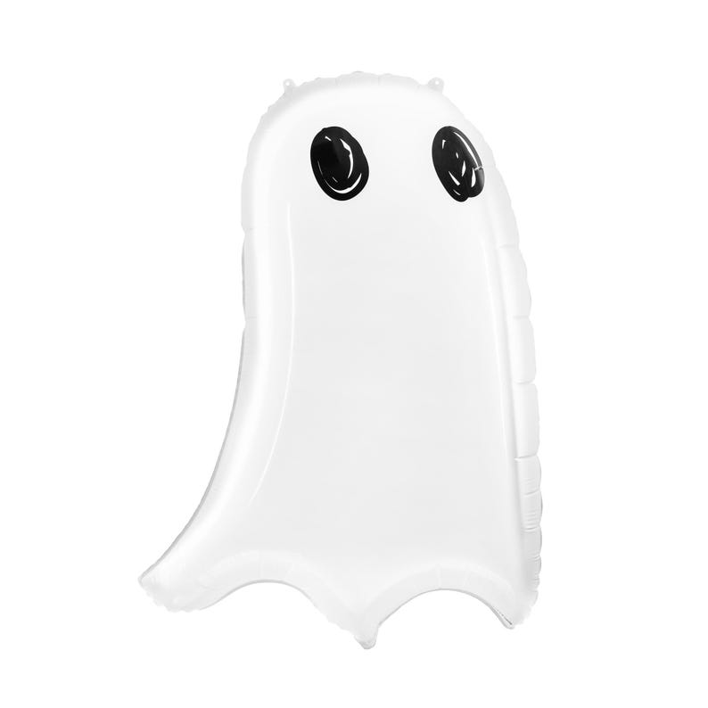 May include: A white ghost-shaped balloon with black oval eyes. The balloon is inflated and has a rounded top and a flowing bottom, perfect for Halloween decorations. The balloon is made of a shiny, reflective material.