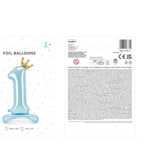 K&ouml;nnte beinhalten: Ein hellblauer Folienballon in Form der Zahl eins mit einer goldenen Krone oben drauf. Der Ballon ist 81 cm hoch und 41 cm breit. Folienballons.