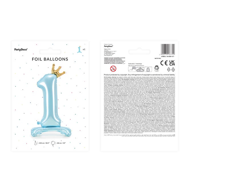 K&ouml;nnte beinhalten: Ein hellblauer Folienballon in Form der Zahl eins mit einer goldenen Krone oben drauf. Der Ballon ist 81 cm hoch und 41 cm breit. Folienballons.
