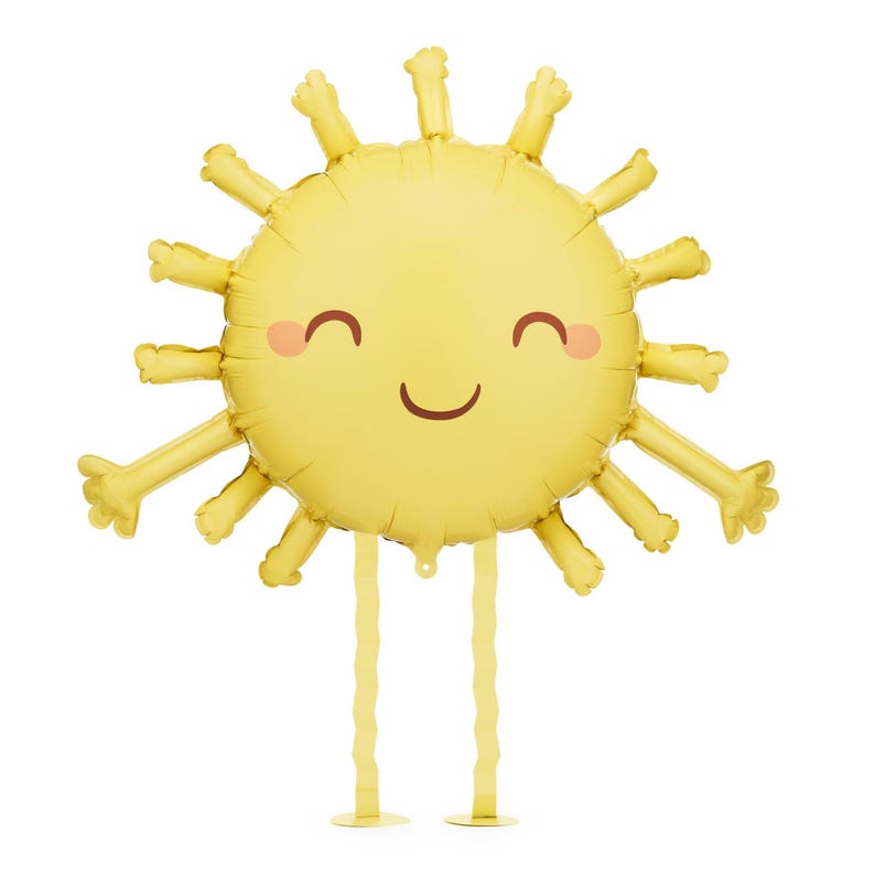 Smiling yellow sun balloon with cute face and wavy legs, perfect for kids' birthday party decorations, summer events, or cheerful party themes.