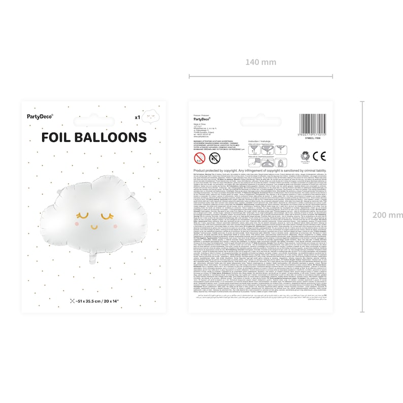 White cloud foil balloon product details, approx. 51 x 35.5 cm or 20 x 14 inches, with gold and pink print
