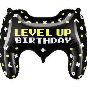 Black Level Up Birthday gamepad foil balloon, approx. 60 x 45 cm or 25.5 x 18 inches inflated