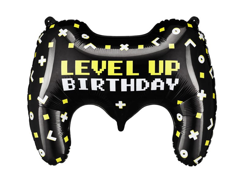 Black Level Up Birthday gamepad foil balloon, approx. 60 x 45 cm or 25.5 x 18 inches inflated