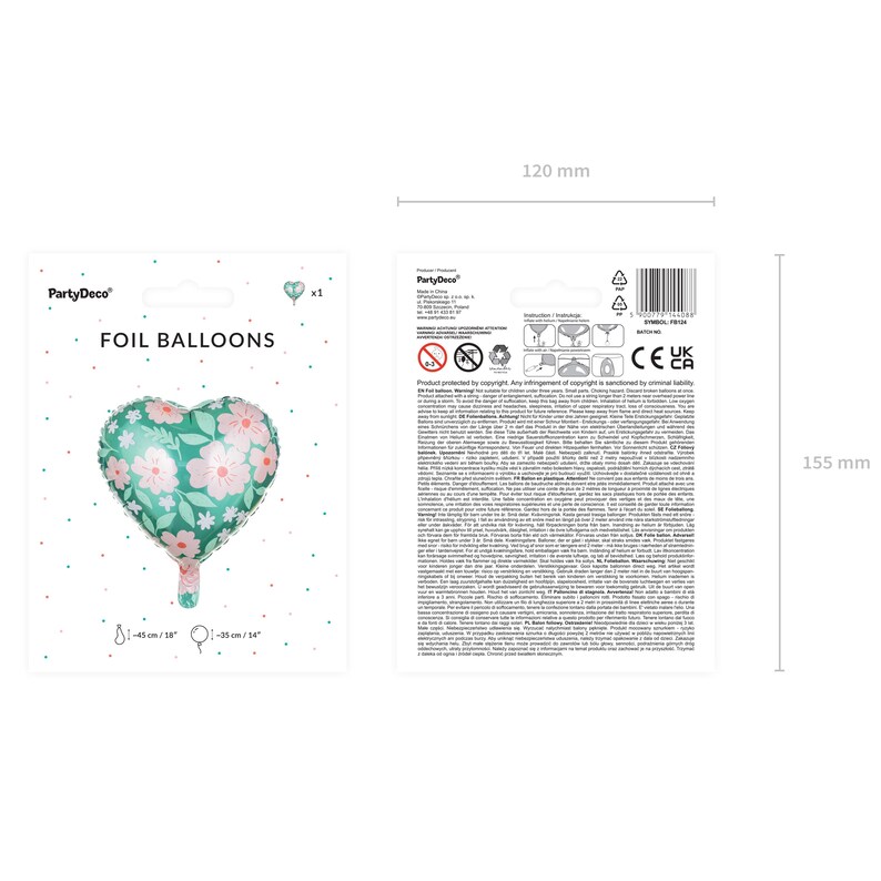 May include: A green and pink heart-shaped foil balloon with a floral pattern. The balloon is 45 cm or 18 inches in size. The packaging includes the text "PartyDeco" and "FOIL BALLOONS".
