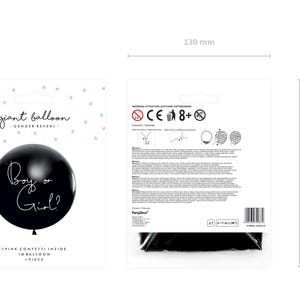 May include: Black giant balloon with white text that reads "Boy or Girl?"  The balloon is 130 mm wide and 170 mm tall.  Pink confetti is inside the balloon.