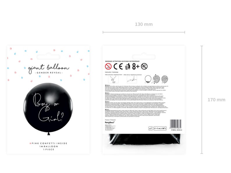 May include: Black giant balloon with white text that reads "Boy or Girl?"  The balloon is 130 mm wide and 170 mm tall.  Pink confetti is inside the balloon.