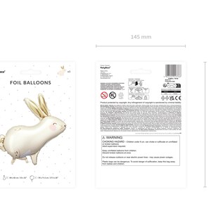 May include: White foil balloon shaped like a bunny rabbit with gold ears and a pink nose. The balloon is 20 cm tall and 14.5 cm wide. The balloon is on a white background with small white dots. The text "FOIL BALLOONS" is printed on the packaging.