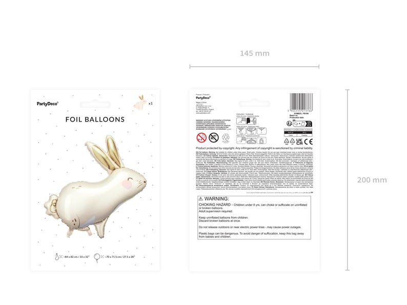 May include: White foil balloon shaped like a bunny rabbit with gold ears and a pink nose. The balloon is 20 cm tall and 14.5 cm wide. The balloon is on a white background with small white dots. The text "FOIL BALLOONS" is printed on the packaging.