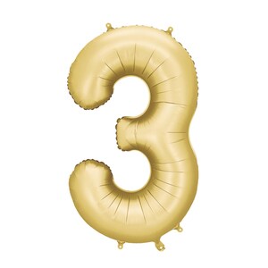 Gold foil balloon in the shape of the number "3" on a white background. The balloon includes small loops at the top and bottom for hanging or securing.